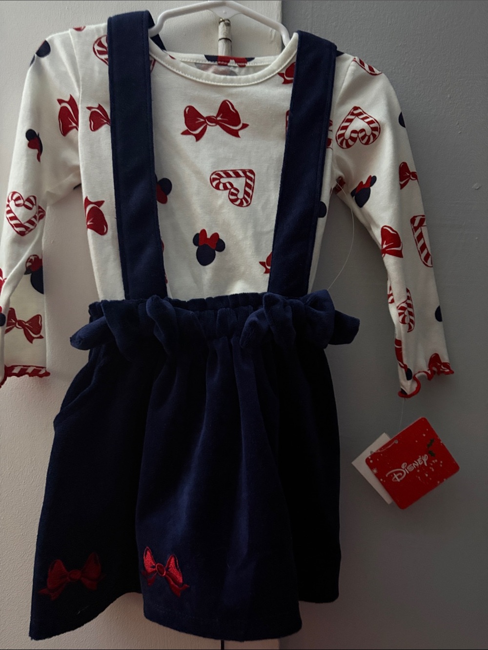 Disney Minnie Mouse 2pc Navy Suspender Skirt with Red Bow Accents